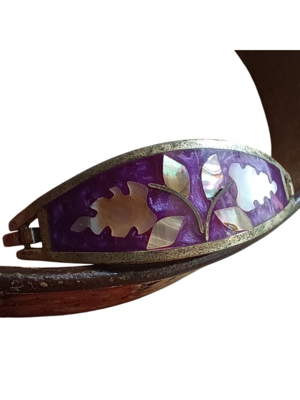 Vintage Mexican Inlay Bracelet Hippie Purple Mother-Of-Pearl Floral Design Cuff